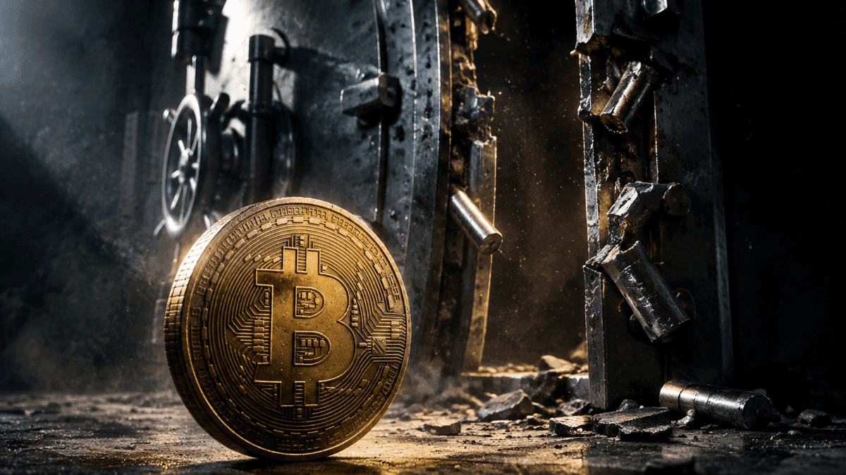 Aufgebrochenes Stahl-Tresortor mit verbogenen Riegeln, davor eine physische Münze mit eingeprägtem Bitcoin-Zeichen