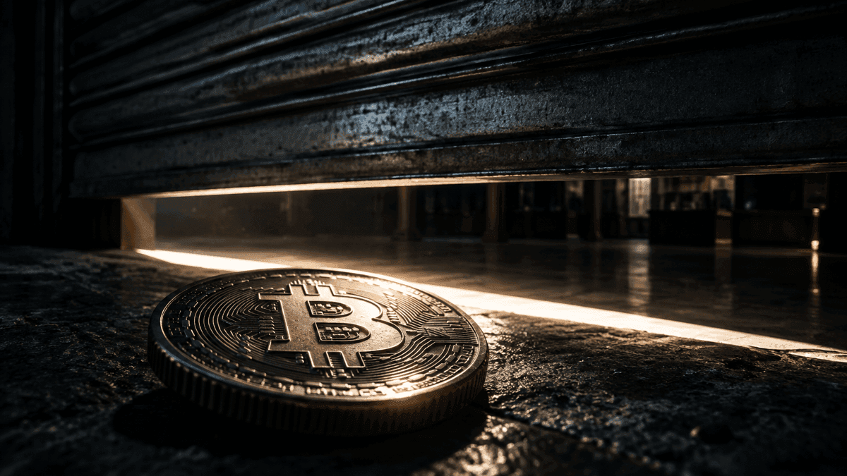 Herabfahrendes Stahl-Rolltor vor einem dunklen Handelssaal, davor eine Münze mit eingeprägtem Bitcoin-Zeichen auf der Schwelle
