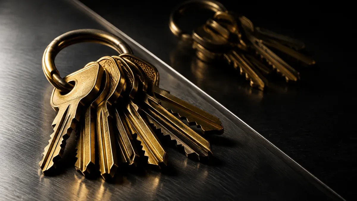 Keyring: two separate brass keyrings on brushed steel, divided by a steel edge