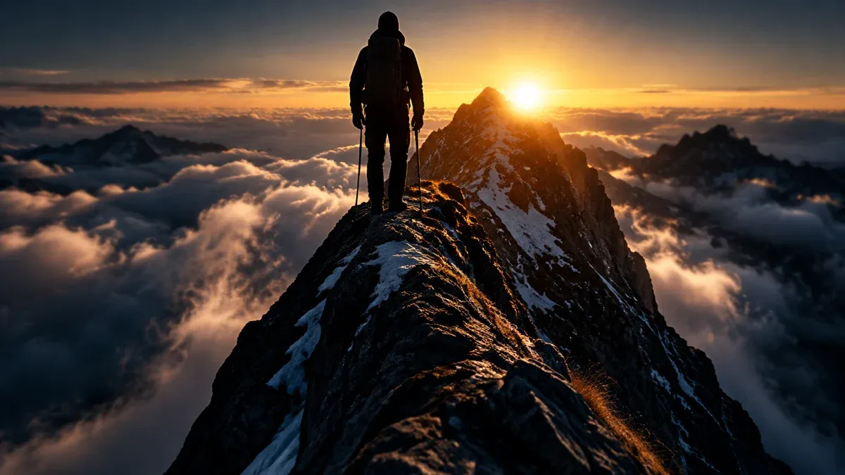 Bergsteiger-Silhouette auf einem schmalen Felsgrat kurz unter dem Gipfel, Wolkenmeer unter dem Grat