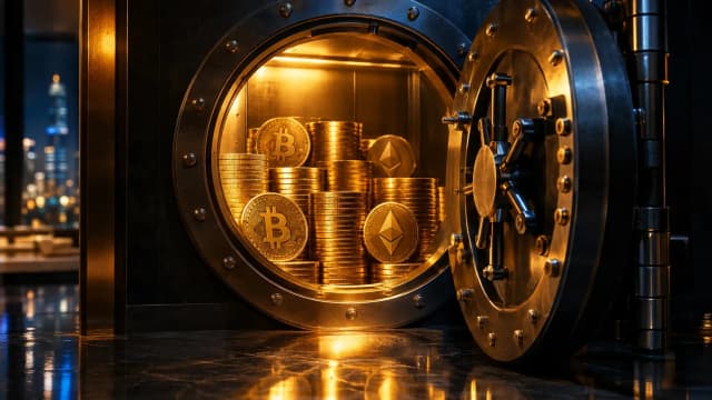 Porte de coffre-fort ouverte sur des piles de pièces Bitcoin et Ethereum dorées