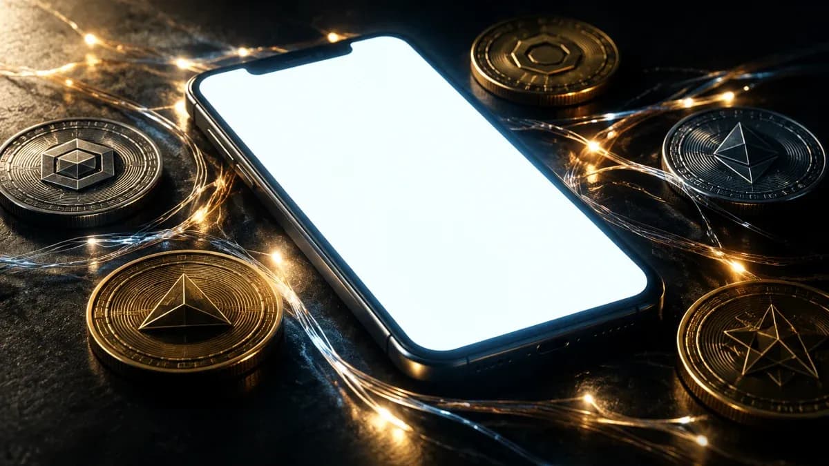 Smartphone auf dunklem Schreibtisch, verbunden durch Lichtfäden mit mehreren Metallmünzen