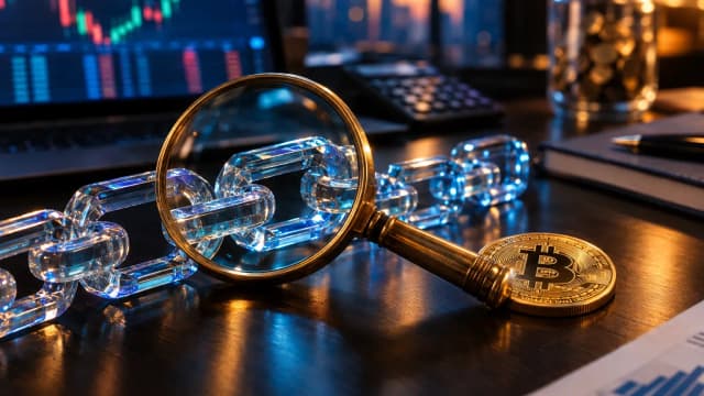 Lupe über einer Kette aus Glasblöcken neben einer goldenen Bitcoin-Münze auf einem dunklen Schreibtisch