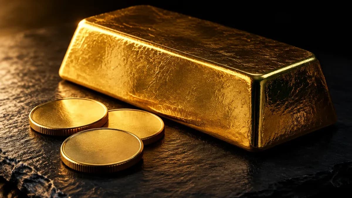 Lingot d’or et trois pièces d’or sobres sur une plaque d’ardoise sombre