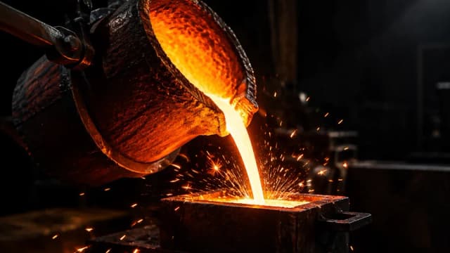 Glühendes flüssiges Metall wird in einer dunklen Werkstatt aus einem Tiegel gegossen