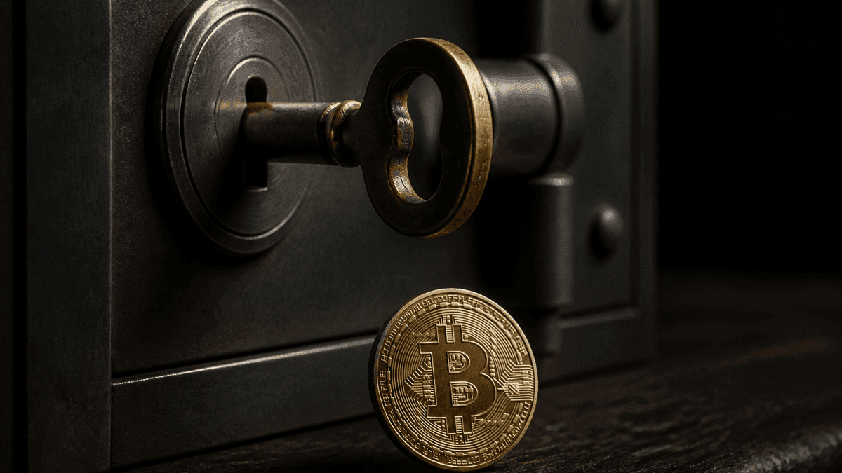 Messingschlüssel steckt im Stahlschloss einer Tresortür, davor eine Goldmünze mit Bitcoin-Zeichen