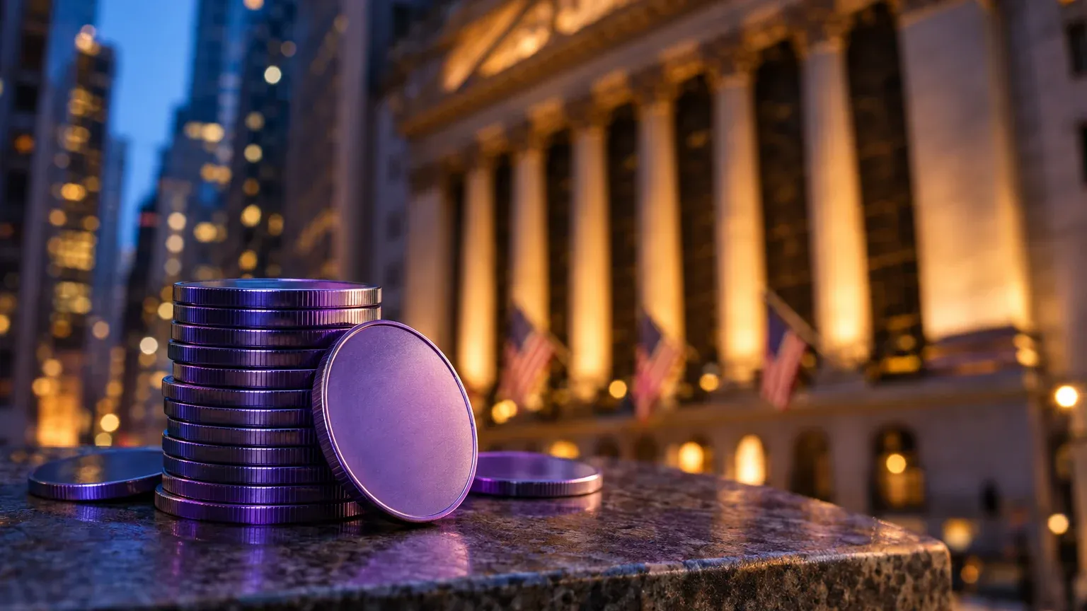 Stack of violet metal coins in front of a columned stock exchange facade at dusk