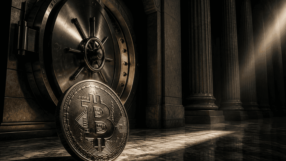 Halb geöffnete runde Stahl-Tresortür in einer dunklen Säulenhalle, davor eine große Metallmünze mit eingeprägtem Bitcoin-Zeichen