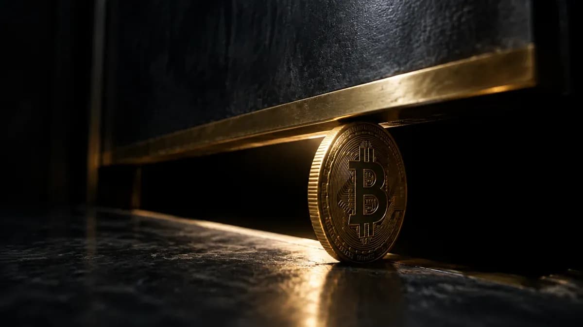 Eine schwere Stahlklappe mit Messingkante schwingt zu, eine Goldmünze mit Bitcoin-Zeichen steht aufrecht im letzten Lichtspalt