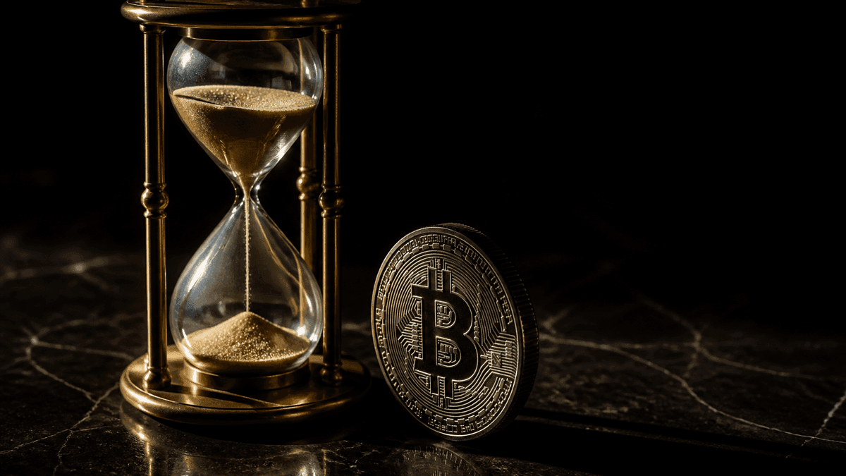 Gläserne Sanduhr aus Messing auf dunklem Marmor, daneben steht hochkant eine goldene Münze mit eingeprägtem Bitcoin-Zeichen