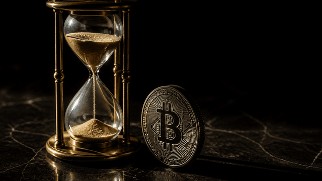 Glaeserne Sanduhr aus Messing auf dunklem Marmor, daneben steht hochkant eine goldene Muenze mit eingepraegtem Bitcoin-Zeichen