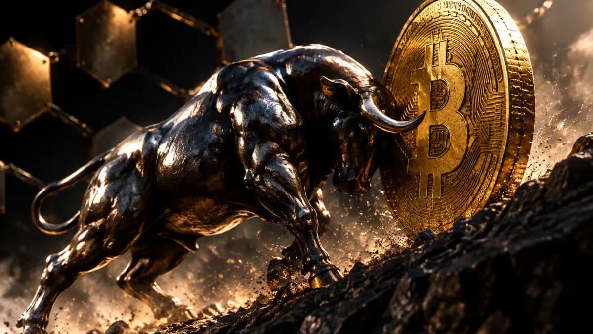 Ein metallener Stier schiebt eine große Goldmünze mit Bitcoin-Zeichen eine steile Geröllrampe hinauf, dahinter sechseckige Metallplatten im Gegenlicht