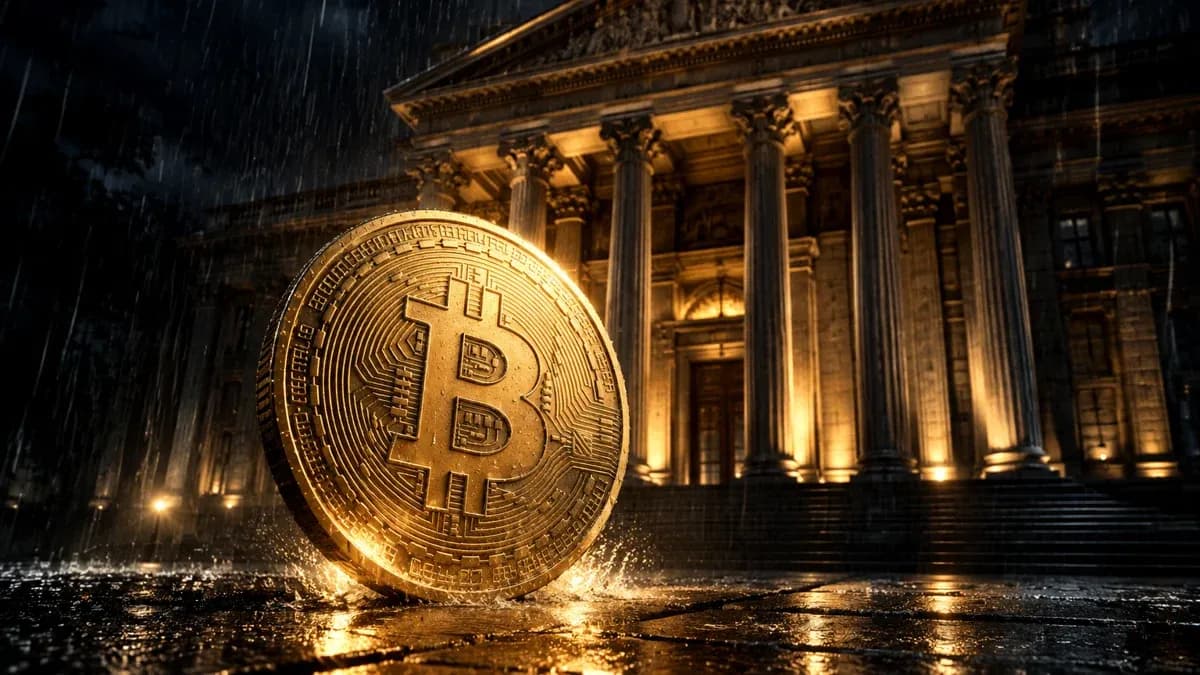Klassizistisches Bankgebäude mit Säulenportal bei Nacht, davor eine große Goldmünze mit Bitcoin-Zeichen