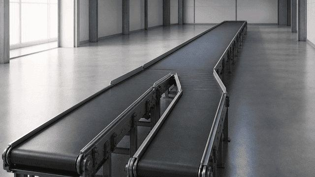 Zwei parallele Foerderbaender laufen in einer leeren Industriehalle zu einem einzigen breiteren Band zusammen