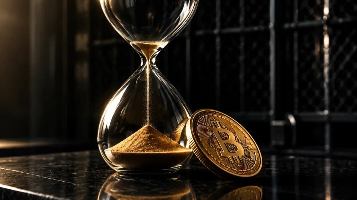 Fast leergelaufene Sanduhr neben einer schweren Münze mit Bitcoin-Zeichen vor einem geschlossenen Metallgitter