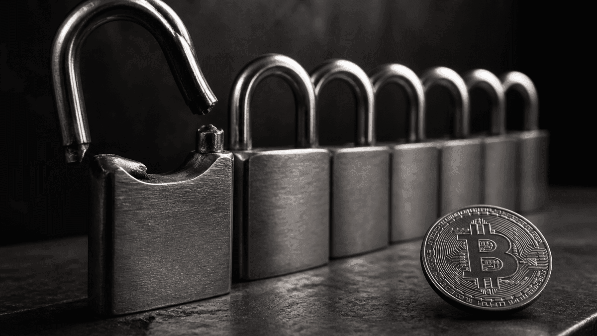 Reihe identischer Stahlvorhaengeschloesser auf einer dunklen Werkbank, das vorderste aufgesprungen und verbogen, daneben eine Metallmuenze mit Bitcoin-Zeichen