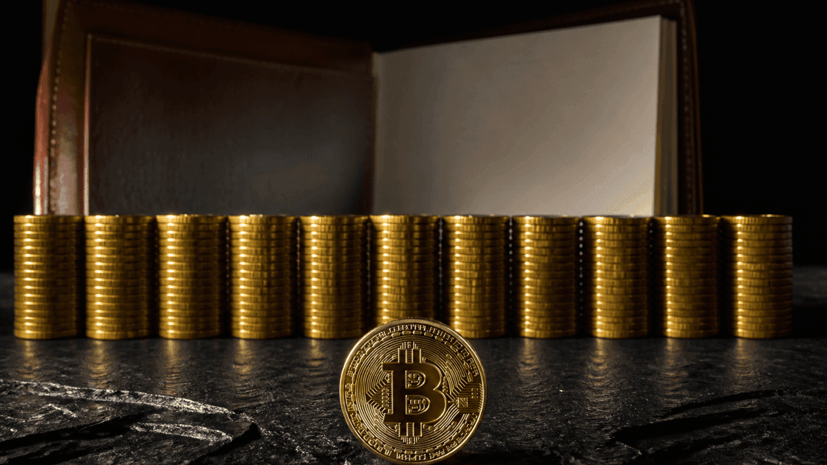Twelve equally tall stacks of coins in a row on a dark slate slab, in front of them a large coin stamped with the Bitcoin symbol