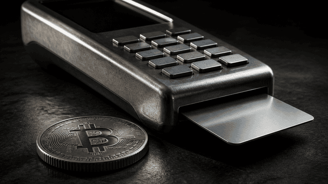 Kartenzahlungs-Terminal aus mattem Metall auf einem dunklen Steintresen, eine blanke Metallkarte steckt im Kartenschlitz, davor eine große Metallmünze mit eingeprägtem Bitcoin-Zeichen