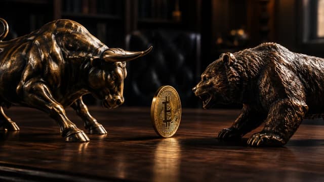 A bronze bull and a bronze bear figurine facing each other with a gold Bitcoin coin between them