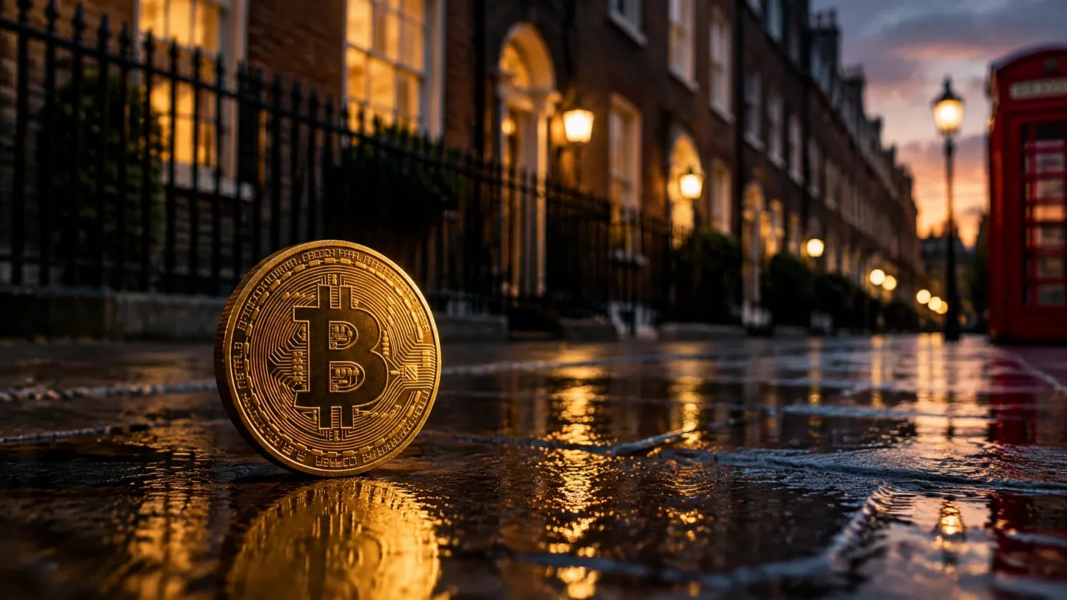 Golden bitcoin coin on a wet London pavement at dusk with Georgian brick terraced houses and black railings behind