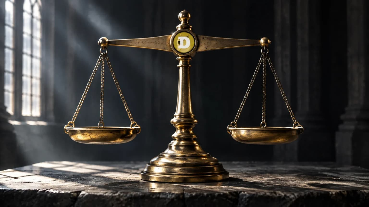 Schwere Balkenwaage aus Messing auf einem Steintisch in einem hohen leeren Saal, beide Waagschalen auf gleicher Höhe, im Waagebalken das Dogecoin-Zeichen als Intarsie