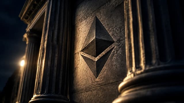 Saeulenportal eines klassizistischen Notenbankgebaeudes bei Nacht, in die Steinstirnwand zwischen den Saeulen ist das Ethereum-Zeichen als tiefe Gravur eingeschnitten