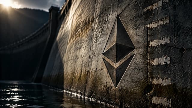 Betonwand einer Talsperre im Gegenlicht mit dem Ethereum-Zeichen als tiefe Gravur, daneben verwitterte Pegelmarken, der Wasserstand steht tief unter der alten Hochwasserlinie
