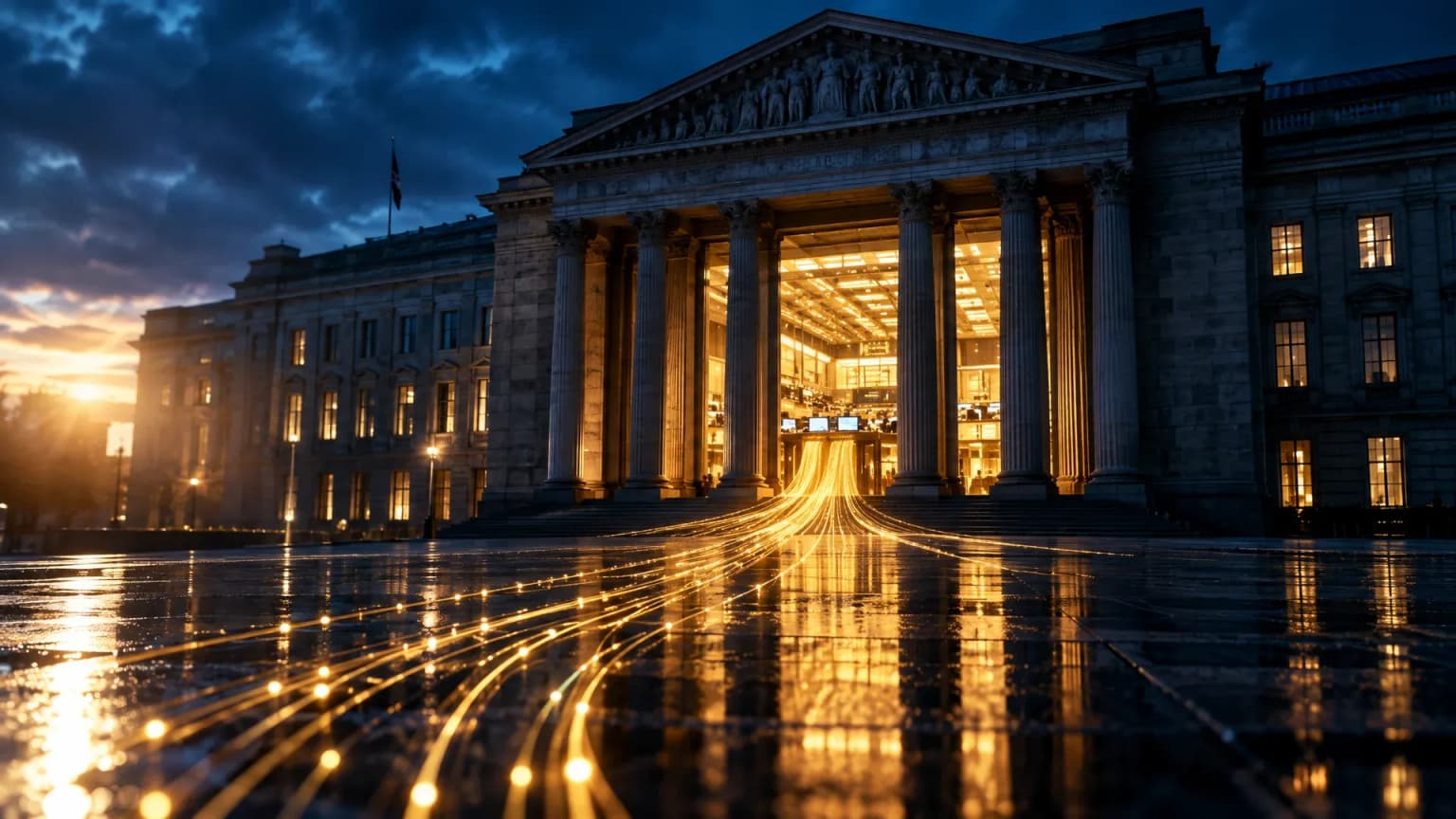 Behördengebäude mit Säulenportal in der blauen Stunde, goldene Lichtbahnen ziehen über den nassen Platz in das Gebäude