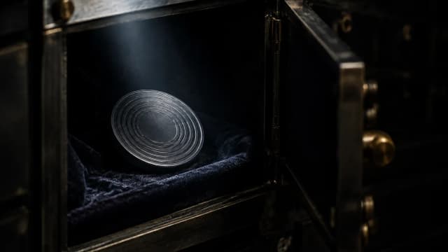 A dark steel coin in a half-open safe-deposit box lined with velvet