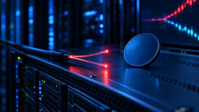 Rack de servidores en un centro de datos oscuro con un cable de fibra partido en rojo y una moneda azul sin marcas