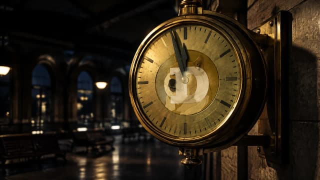 Schwere Messing-Bahnhofsuhr an der Wand eines leeren Abfertigungsraums bei Nacht, in das Uhrgehäuse ist das Dogecoin-Zeichen als Intarsie eingelassen