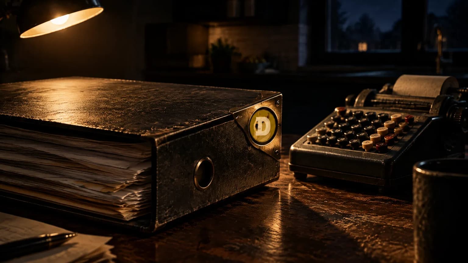 Aufgeschlagener Aktenordner und mechanischer Tischrechner auf einem Holztisch in dunkler Kueche, in der Metallecke des Ordnerdeckels das Dogecoin-Zeichen als Messingintarsie