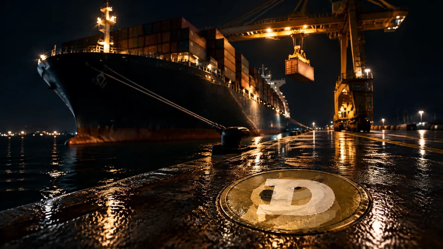 Ein schwer beladener Frachter an einem fast leeren Nachtkai, nur eine Verladebrücke in Betrieb, in der nassen Kaimauer das Dogecoin-Zeichen als Messing-Intarsie