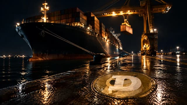 Ein schwer beladener Frachter an einem fast leeren Nachtkai, nur eine Verladebruecke in Betrieb, in der nassen Kaimauer das Dogecoin-Zeichen als Messing-Intarsie