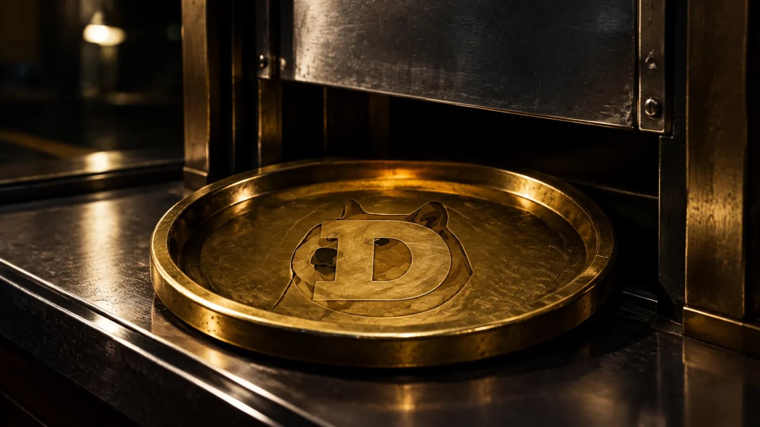 Schwerer Messing-Zahlteller in der Durchreiche einer naechtlichen Wechselstube, dahinter eine halb geschlossene Stahlklappe, in die Messingplatte ist das Dogecoin-Zeichen als tiefe Gravur eingelassen
