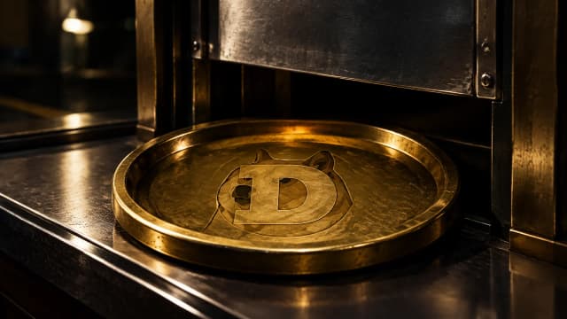 Schwerer Messing-Zahlteller in der Durchreiche einer naechtlichen Wechselstube, dahinter eine halb geschlossene Stahlklappe, in die Messingplatte ist das Dogecoin-Zeichen als tiefe Gravur eingelassen