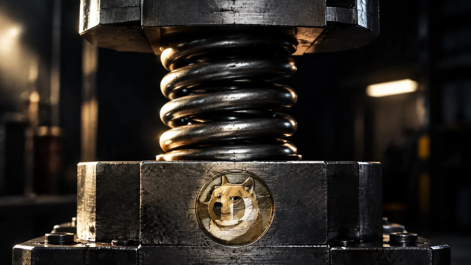 Schwere Stahlfeder unter Last zwischen den Backen einer Materialprüfmaschine in einer dunklen Werkhalle, in die Stahlplatte ist das Dogecoin-Zeichen eingraviert