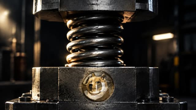 Schwere Stahlfeder unter Last zwischen den Backen einer Materialprüfmaschine in einer dunklen Werkhalle, in die Stahlplatte ist das Dogecoin-Zeichen eingraviert