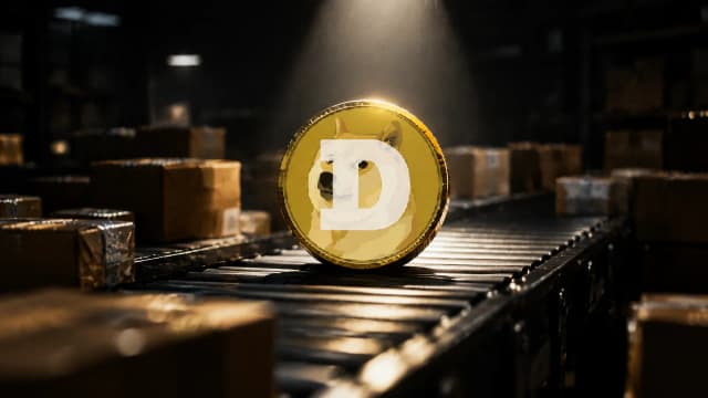 Münze mit dem Dogecoin-Zeichen auf einem Förderband im Sortierraum