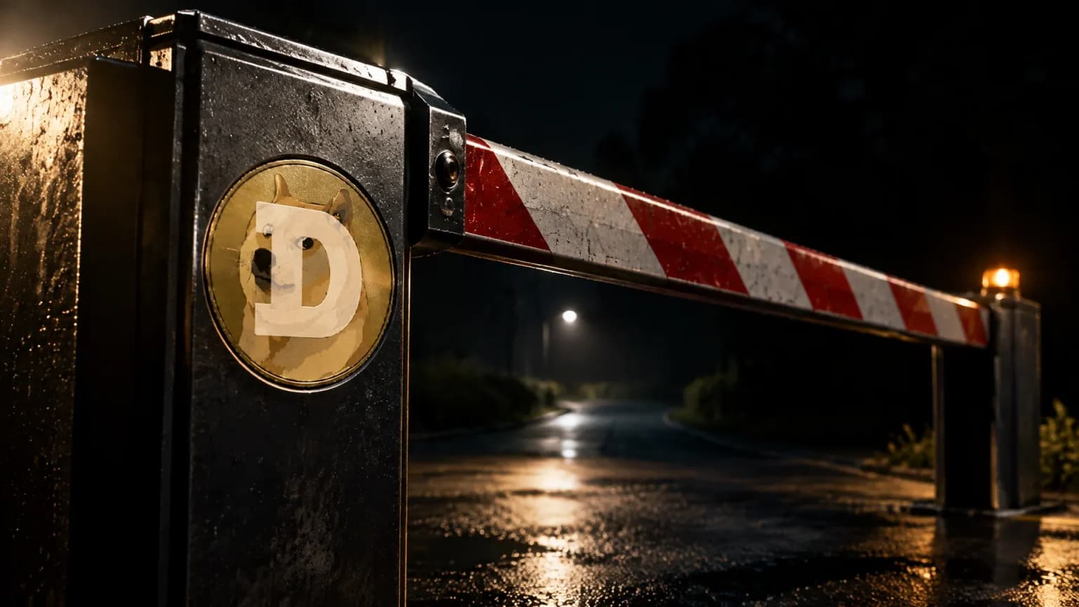 Schlagbaum-Schranke senkt sich bei Nacht vor einer leeren Zufahrt, im Metallpfosten das Dogecoin-Zeichen als Messingintarsie