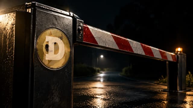 Schlagbaum-Schranke senkt sich bei Nacht vor einer leeren Zufahrt, im Metallpfosten das Dogecoin-Zeichen als Messingintarsie
