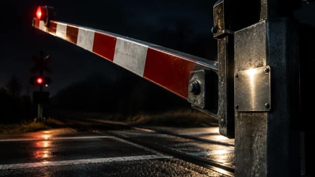 Schwere rot-weisse Bahnschranke senkt sich bei Nacht ueber einen nassen Bahnuebergang, rotes Warnlicht im Hintergrund