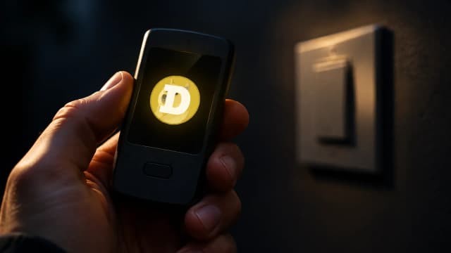 Hardware-Wallet mit dem Dogecoin-Zeichen auf dem Display in einer Hand