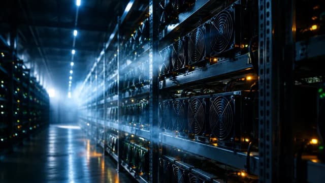 Lange Mining-Halle bei Nacht, Reihen von Rechengeraeten in Metallregalen, Kuehlluft im Gegenlicht