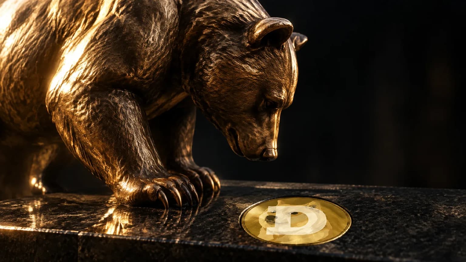 Bronzebaer senkt den Kopf ueber einer Granitschwelle, in die das Dogecoin-Zeichen als Messing-Intarsie eingelassen ist