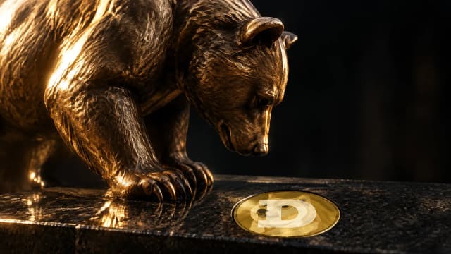 Bronzebaer senkt den Kopf ueber einer Granitschwelle, in die das Dogecoin-Zeichen als Messing-Intarsie eingelassen ist