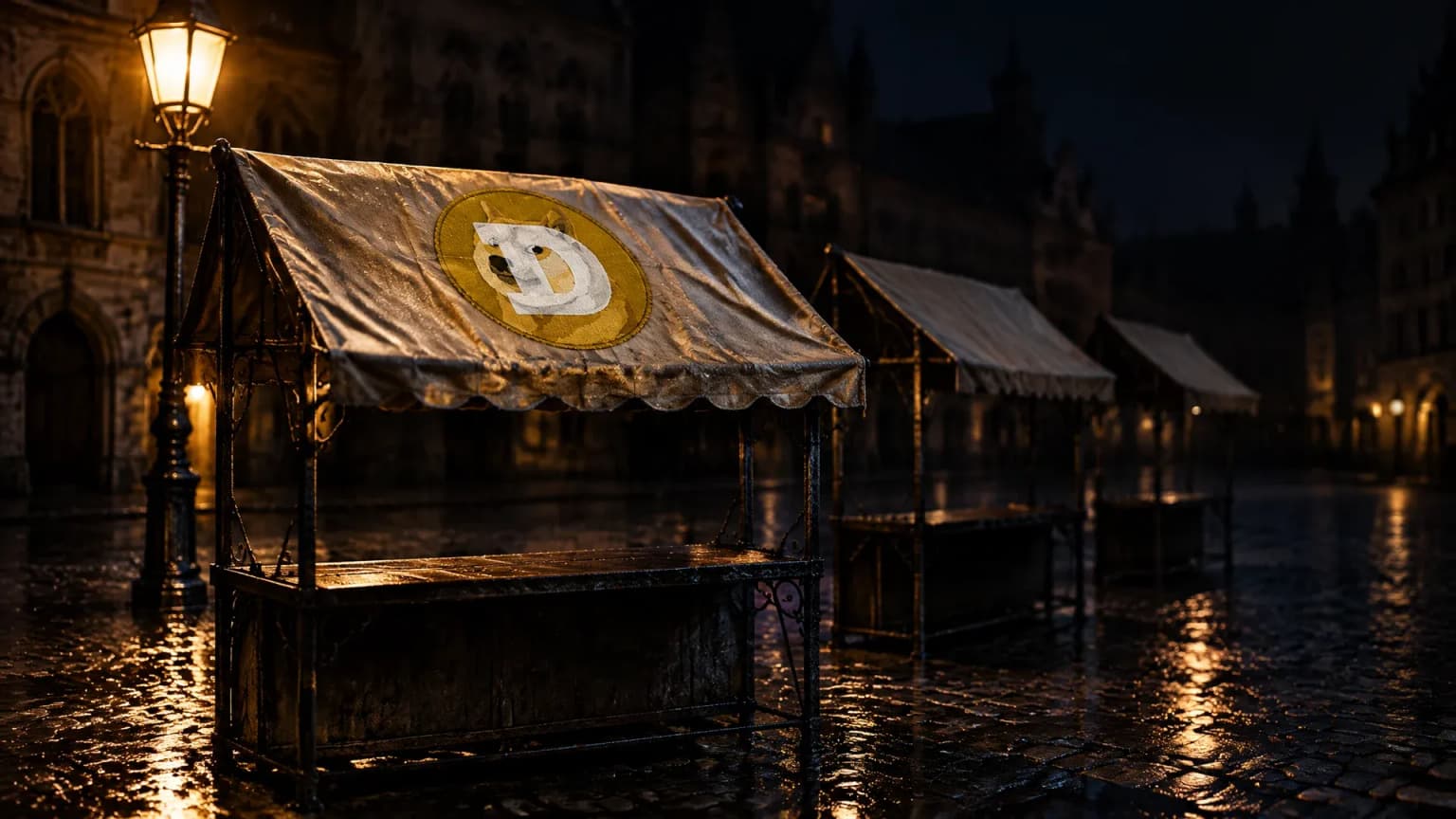 Leerer Marktplatz einer Altstadt bei Nacht, drei eiserne Marktstandgerueste in einer Reihe, nur das vorderste mit einer nassen Segeltuchplane bedeckt, darauf das Dogecoin-Zeichen als aufgenaehtes Emblem