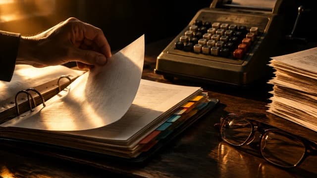 Aktenordner mit Registerlaschen und Tischrechner auf dunklem Holztisch, eine Hand blaettert eine Seite um
