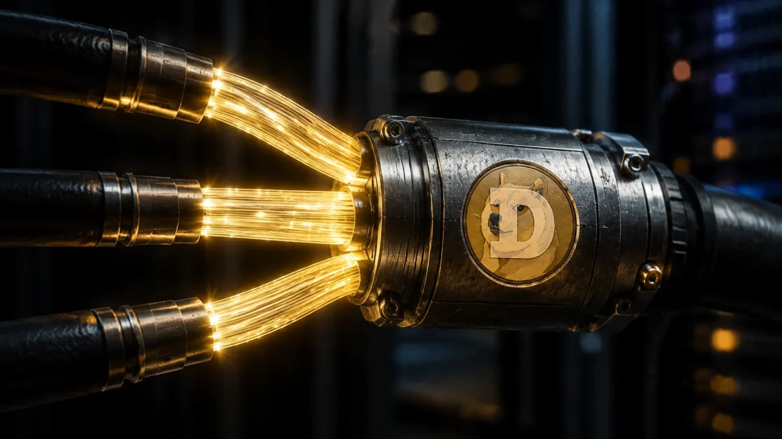 Drei Glasfaserstraenge laufen in einer dunklen Technikkammer in eine gemeinsame Metallmuffe zusammen, in der Muffe das Dogecoin-Zeichen als Gravur