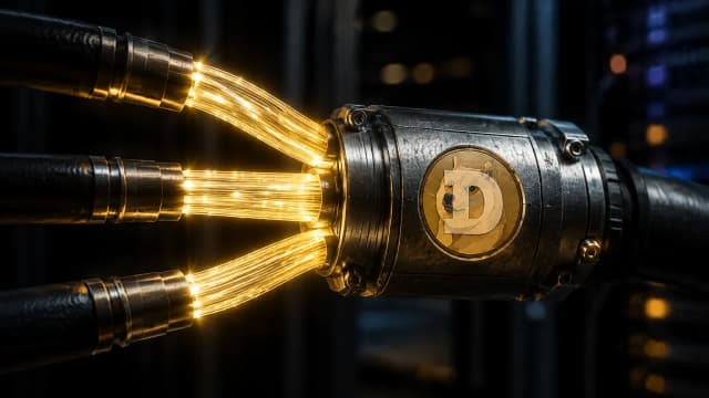Drei Glasfaserstraenge laufen in einer dunklen Technikkammer in eine gemeinsame Metallmuffe zusammen, in der Muffe das Dogecoin-Zeichen als Gravur